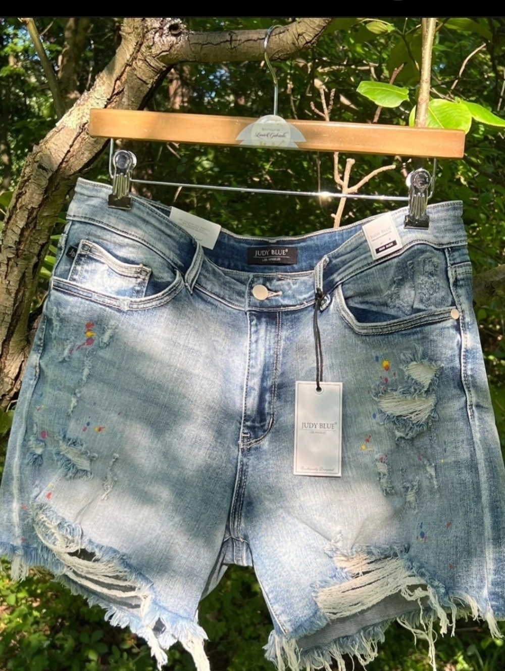JUDY BLUE Mid Rise Rainbow Paint Splash Cut Off Shorts XL - Picture 8 of 11